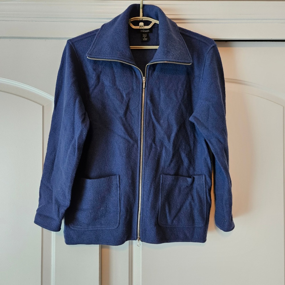 WilliSmith Full Zip Cardigan Sweater Large Blue 100% Wool Thick Quiet Luxury